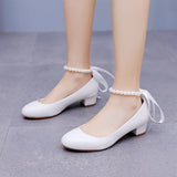 3 Cm Square-Head Single Shoe With A Single Shoe Buckle Mary Jane White Shoes Beads Ribbon Wedding