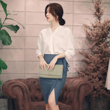 Long Sleeve White Blouse Women Back Bow V-neck Korean Style Solid Tops Chiffon Blouse Office Lady Style