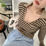 Y2k Vintage Striped T Shirts Women Harajuku Long Sleeve Crop Top Aesthetic Slim Streetwear Tees Spring T-shirt