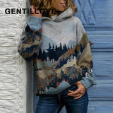 Harajuku Hooded Sweatshirts Women ELegant Mountain Printed Loose Hoodies Spring Casual Tracksuit Tops Oversized