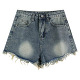 Women's Raw Edge Short Jeans For Summer Blue High Waisted Y2k Fashion Distressed Korean Version Washed Loose Denim Pants
