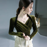 TShirt Women Full Sleeve Vintage Crossed V Neck Tee Shirts Lady Stretchy Soft Fashion Base Tops T-shirts For