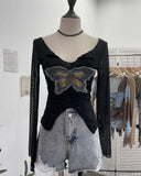 Real Shooting Pure Sexful V-Neck Umbilly T-Shirt Female Hairy Denim Butterfly Embroidered Mesh Yarn Long Sleeve Top
