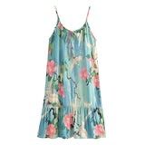 Queens Women Crane Floral Print Sleeveless Beach Bohemian Strap Midi Dress Ladies Rayon Cotton Boho