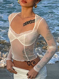 Fashion Y2K Lace Trim Mesh Crop Tops 90s Aesthetics Patchwork Square Neck Long Sleeve White Sexy Tees Summer