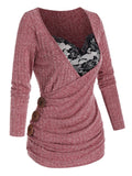 Women Lace Panel Faux Twinset Surplice Gathered T Shirt Autumn Long Sleeve Harajuku Female Tops
