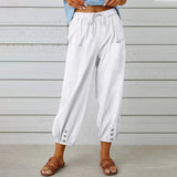 Loose High Waist Button Cotton And Linen Trousers Cropped