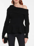 Fashion Women's Knitted Pullover Spliced Slash Neck Slim Solid Color Long Sleeve Ruffles Sweater Autumn 2023 New