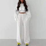 Zingj Hoodie Suit Female 2024 Fashion Sleeve Long Sleeve Crop Hoodie Strap Straight Tube Wide Leg Pants Three-Piece
