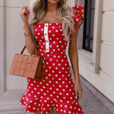 Women Sexy Square Collar Button-up Short Party Dress Summer Flying Sleeve Ruffle Slim Mini Dress Fashion Polka Dot Office