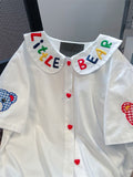 Peter Pan Collar Women Blouse New Cartoon Embroidery Sweet Preppy Shirts All Match Harajuku Casual Short Sleeve