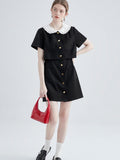 Summer Black Mini Shirt Dress Women Korean Fashion Elegant Vintage Sweet Peter Pan Collar Short Sleeve Party Vestidos