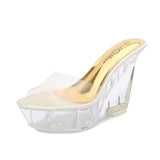 Zingj Korean Platform Ultra High Heel Slippers High Transparent Crystal Shoes Waterproof Platform 15CM Wedge Women's