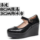 Leather Stone Slope Heel Single Shoe Round Head Light Mouth Work Shoes Thick-Soled Waterproof Table Model Show High Heels