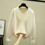 Mink Velvet V-neck Knitted Sweater Women Loose Here Simple Commuter Fashion Stretch Bottoming Sweater Pullover Femal