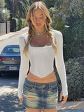 Knitted Women T Shirts Hollow Out Two Piece Set With Smock Tank Fall Long Sleeve Slim Sexy Casual White Crop Tops