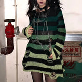 Zingj Loose Stripe Gradient Sweater Hole Men And Women Tear Elastic Neutral Punk Long Knit Hollow-Outfit