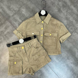 2022 Summer New Arrival Collection Short Sleeve Army Green Jacket High Waist Shorts Two Piece Set Women