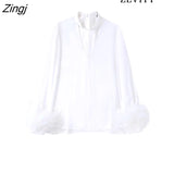 Women Fashion With Feathers Back Bow Tied Blouses Vintage V Neck Long Sleeve Female Shirts Blusas Chic