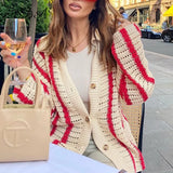Knitted Long Sleeve Cardigan Women Red Stripe Loose Autumn Winter Fashion Casual Sweater Top V Neck