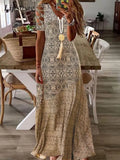 Summer Beach Sundress Robe Female Casual Vintage Printed Loose Beach Long Dress Women Hollow Out Short Sleeve