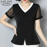 Tops And Blouse Ladies Tops Chiffon Blouse Shirts V-Neck Shirts Short Sleeve Women Clothing Black V-Neck 3767