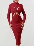 Turtleneck Pleated Hollow Out Bodycon Dress Elegant Long Sleeve Cross Knot Knitted Midi Dress Party Club Evening