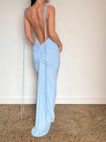 Women Sexy Long Dress Slim Backless Tie Up Solid Halter Sleeveless Strap Summer Clubwear Beach Ruched Dress