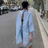 Backless Long Sleeve Collared Shirt Blue White Fall 2021 Womens Fashion Button Up Long Shirt Designer Top And