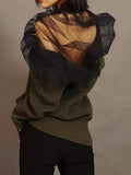 Fashion Women's Sweater V-neck Loose Long Sleeve Knitting Gauze Patchwork Wool Knitted Pullovers Autumn 2023 New
