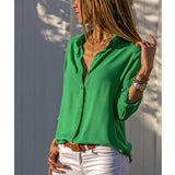 Spring Autumn Sexy Deep V Neck Chiffon Long Sleeve Ladies Work Shirts Casual Slim Button Women's Blouse White Solid