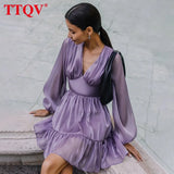 Fashion Clear Puff Sleeve Women's Dresses Elegant V-neck Pleated Green Dress Autumn High Waist Mini Dress Female