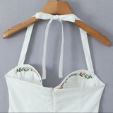 White Halter Embroidery Solid Mini Dress- Outfit