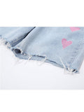 High Waist Knee Length Heart Print Denim Shorts Streetwear Y2K Harajuku Short Pants Female 2022 Summer Baggy Jean