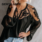 Sexy Lantern Sleeve Hollow Out Loose Chiffon Blouse Women Elegant Embroidery Lace Mesh Shirt Casual White Black