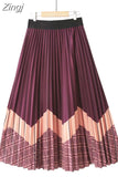 Spring Summer Fashion Midi Long Pleated Skirt Women Striped Print Elegant Chic Casual High Waist A Line Skirts
