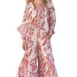 Spot Spring 2025 New Women's Fashion Long Sleeve Print Shirt Wide Leg Pants Two-Piece