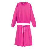 2021 Women Two Piece Set Tracksuits O-neck Sweatshirts Elastic High Waist bermuda shorts solid
