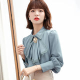 Polo Collar Blue Chiffon Shirt Women's Spring Dress 2025 New Chic Top Female Spring And Autumn Design