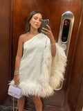 Zingj Shoulder Feather Hem Mini Dress Women Loose Backless Irregular Short Dresses 2024 New Fashion Lady Evening Prom Vestidos 211-1-Outfit