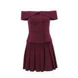 Solid Off-Shoulder Buttoned Top And Pleated Mini Skirt Set-Outfit