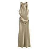 2025 New Fashion Round Collar Sleeveless Black Silk Satin Texture Dress Women