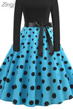 Christmas Dresses Women 50S 60S Vintage Robe Swing Pinup Elegant Party Dress Long Sleeve Casual Print