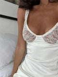 Elegant Party Short Mini Dress Women Sleeveless Lace Patchwork Low Cut A-Line Dress Slim Fit Casual Club Vestido