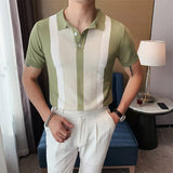 Men Fashion 2021 Summer Short Sleeve Polo Shirt Vintage Patchwork Knit Slim Polo Shirts Casual Lapel Button Tops Mens