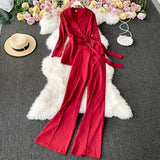 Summer New Women Notched Lace Thin Shirt Top High Waist Slim Solid Casual Wide-leg Pants Office Ladies Two Piece