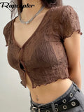 Wave Mesh Crop Top y2k Brown Pin Up T Shirt V Neck Trim Short Sleeve Cardigans Women Retro Cute Chic Tee Korean