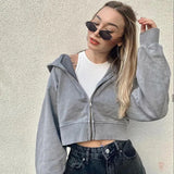 Zip Up jacket Cropped gray Hoodies Women Harajuku Pockets Basic Autumn Jacket Solid Y2K Short Hooded grunge