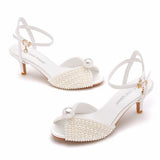 Cm Fish Mouth High-Heeled Sandals Shallow Mouth Buckle With Large-Size Round-Head High-Heeled Shoes Hollow Fish Mouthed Ribbon Pearl