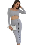 Hot Girl Knitted Dress Suit Skirt Autumn And Winter Long-Sleeved Short Navel Blouse + Hip Fork
